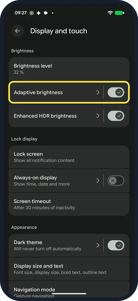 Android screenshot: Open Adaptive brightness