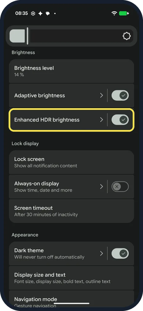 Android screenshot: Enhanced HDR brightness