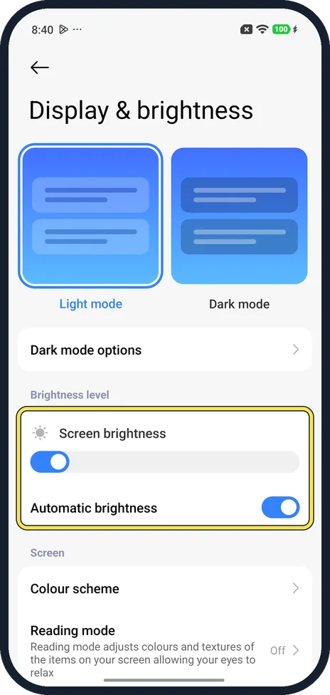 Screenshot from the guide: How to change brightness and automatic brightness on a Xiaomi phone (HyperOS 3)