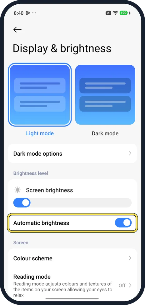 Android screenshot: Automatic brightness