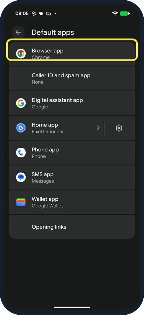 Screenshot from the guide: How to change default apps on a Google Pixel (Android 17)