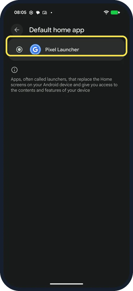 Android screenshot: Choose a home app