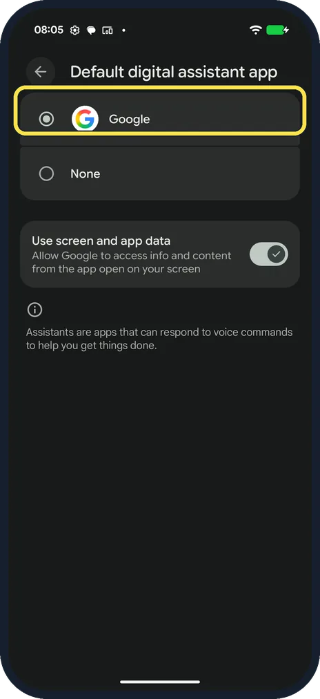 Android screenshot: Choose the assistant