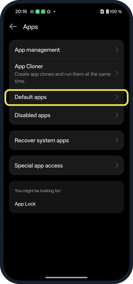 Screenshot from the guide: How to change default apps on a OnePlus (OxygenOS 16)