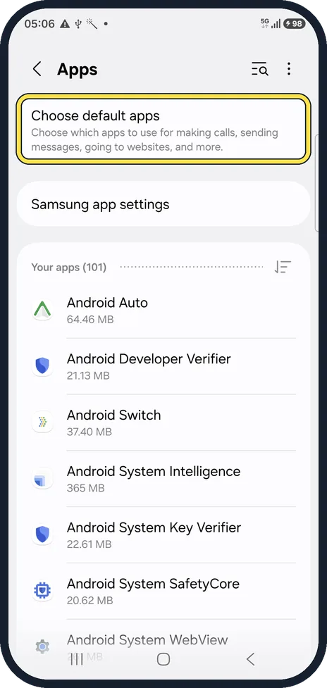 Android screenshot: Tap Choose default apps