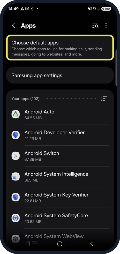 Android screenshot: Tap Choose default apps