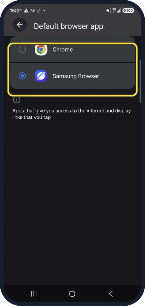 Android screenshot: Choose the new app
