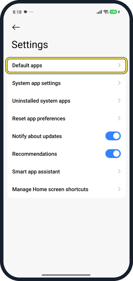 Android screenshot: Tap Default apps