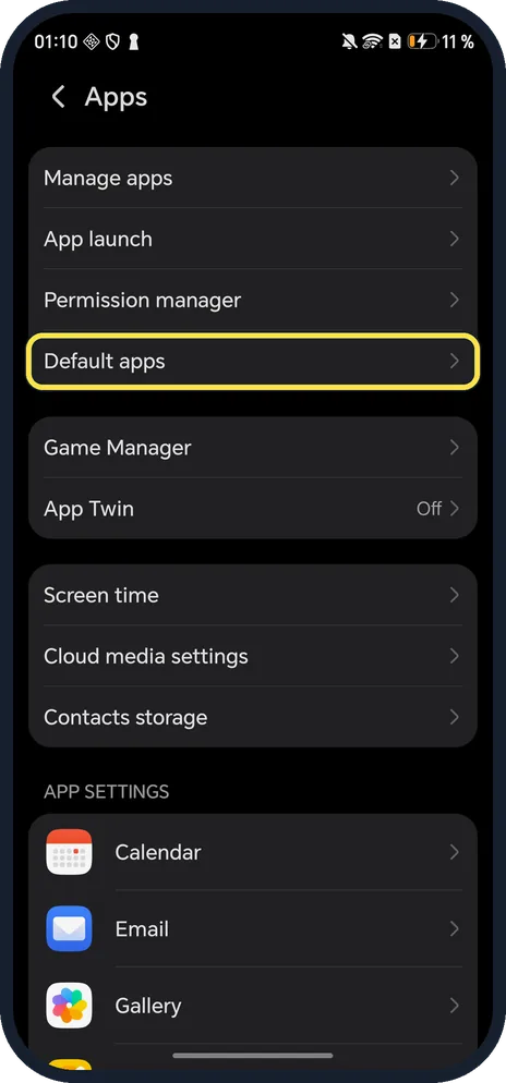 Android screenshot: Tap Default apps