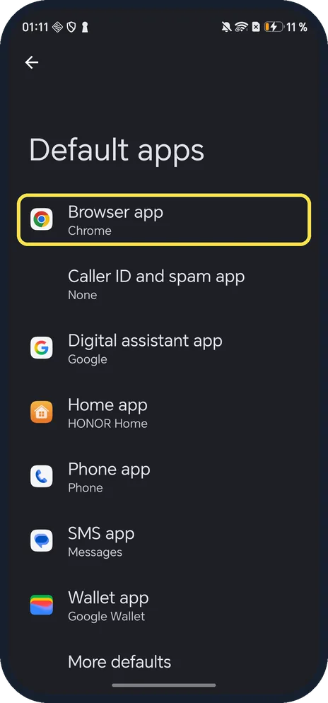 Android screenshot: Tap the app type