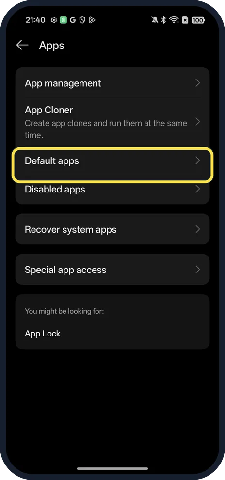 Android screenshot: Tap Default apps