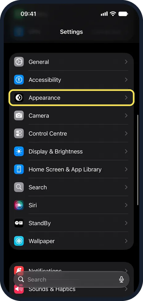 iPhone screen: Open Settings and tap Appearance