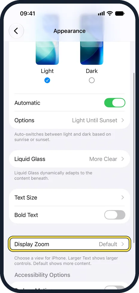 iPhone screen: Scroll down and tap Display Zoom