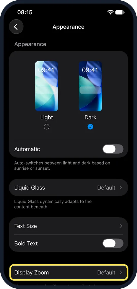 iPhone screen: Scroll down and tap Display Zoom