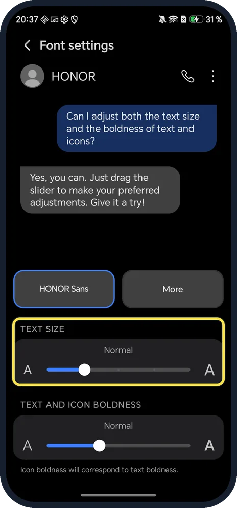 Android screenshot: Drag TEXT SIZE