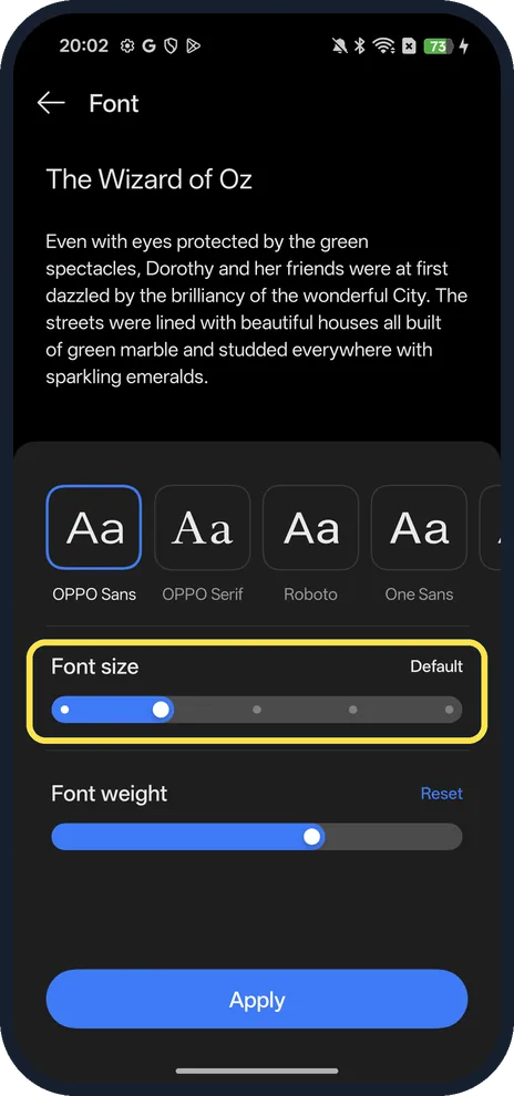 Android screenshot: Drag Font size, then tap Apply