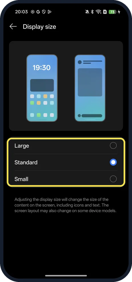 Android screenshot: Change Display size for everything