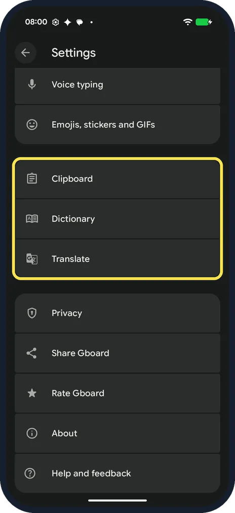 Android screenshot: Clipboard, Dictionary and Translate