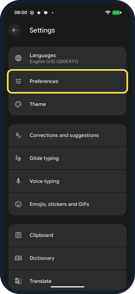 Android screenshot: Open Preferences