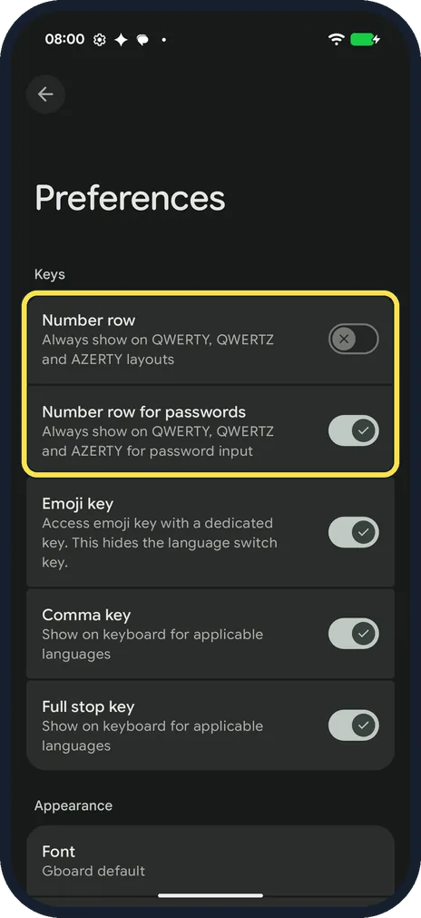 Android screenshot: Number row