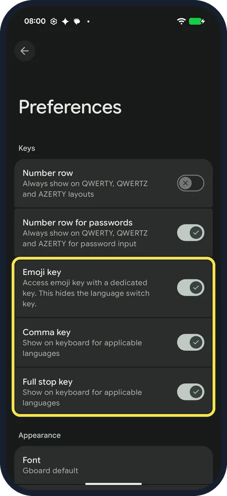 Android screenshot: Emoji, comma and full stop keys