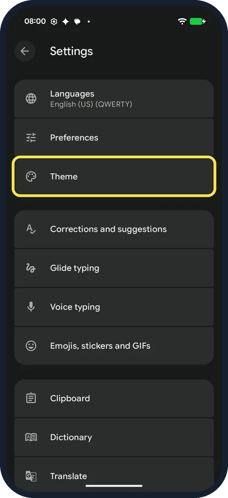 Android screenshot: Open Theme