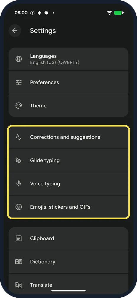 Android screenshot: Typing and suggestions