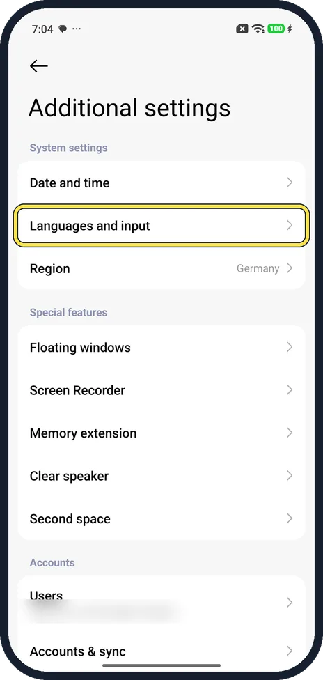 Android screenshot: Open Languages and input