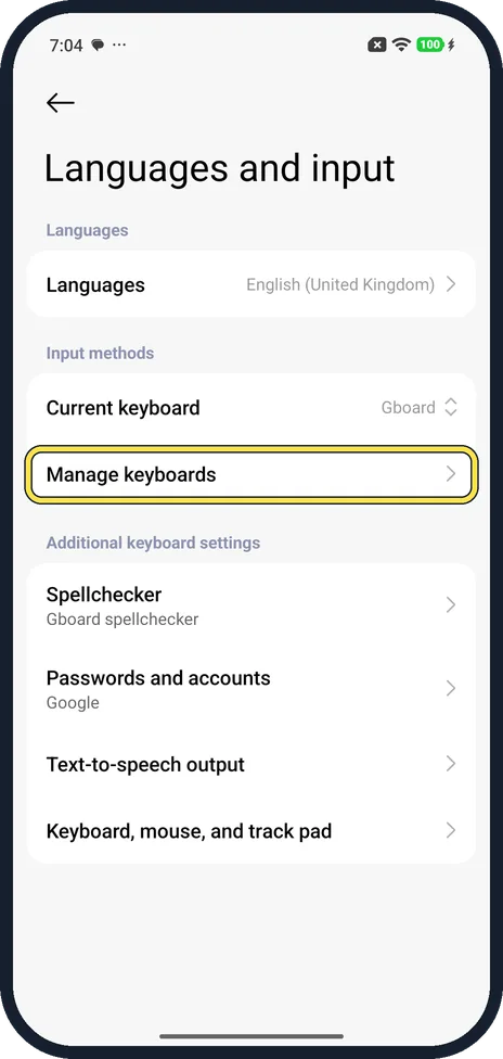 Android screenshot: Tap Manage keyboards