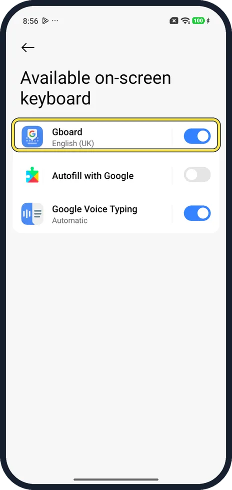 Android screenshot: Tap Gboard