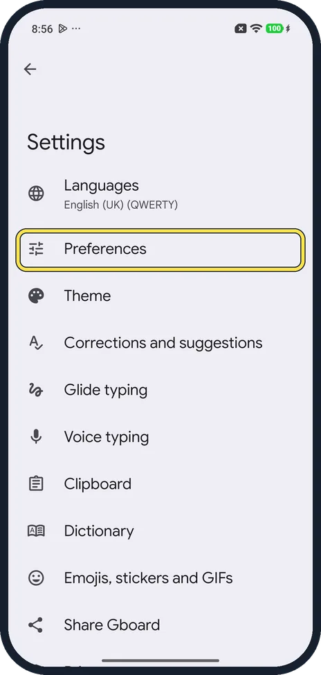 Android screenshot: Open Preferences