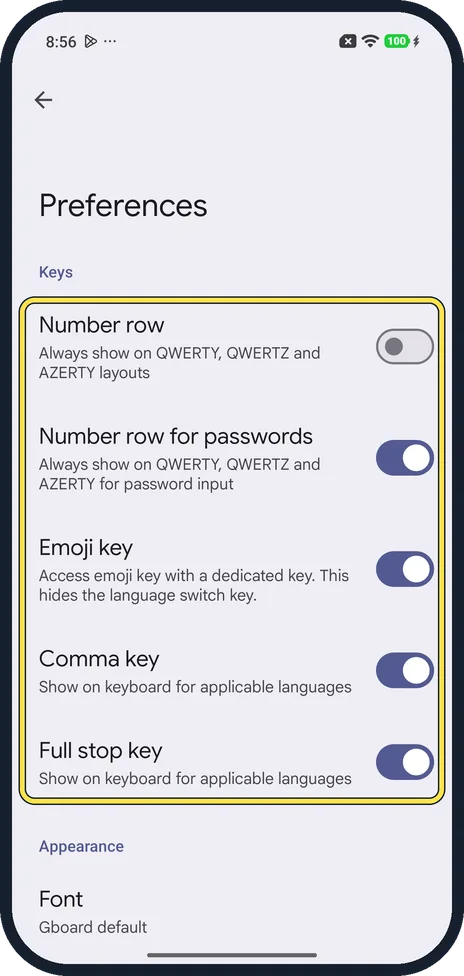 Android screenshot: Keys