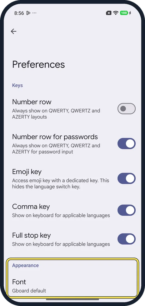 Android screenshot: Font
