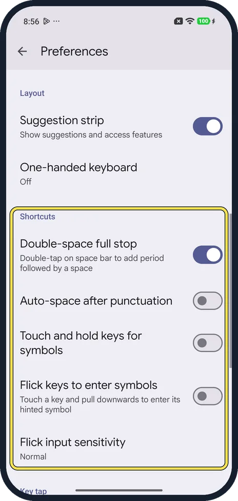 Android screenshot: Layout and shortcuts