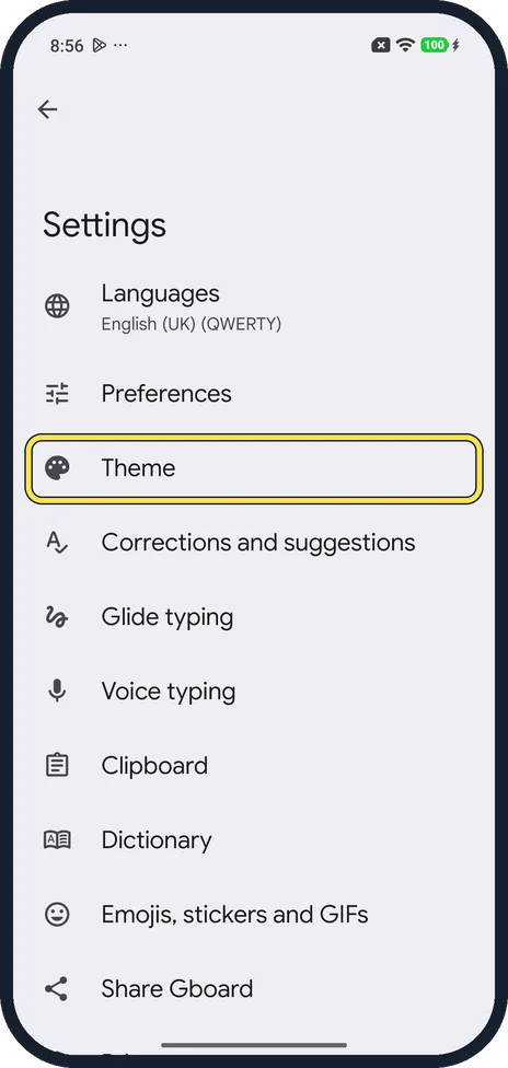 Android screenshot: Open Theme