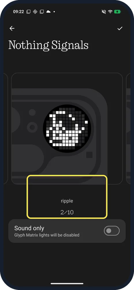Android screenshot: Swipe to a tone and tap the tick