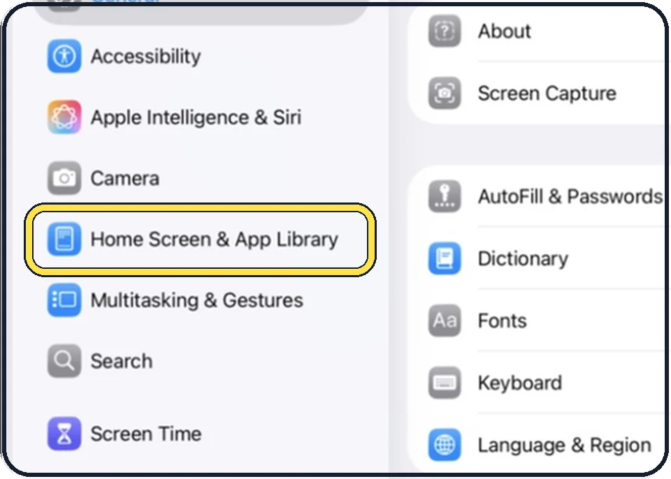 iPad screenshot: Tap Home Screen & App Library