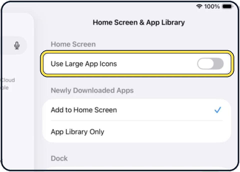 iPad screenshot: Use Large App Icons