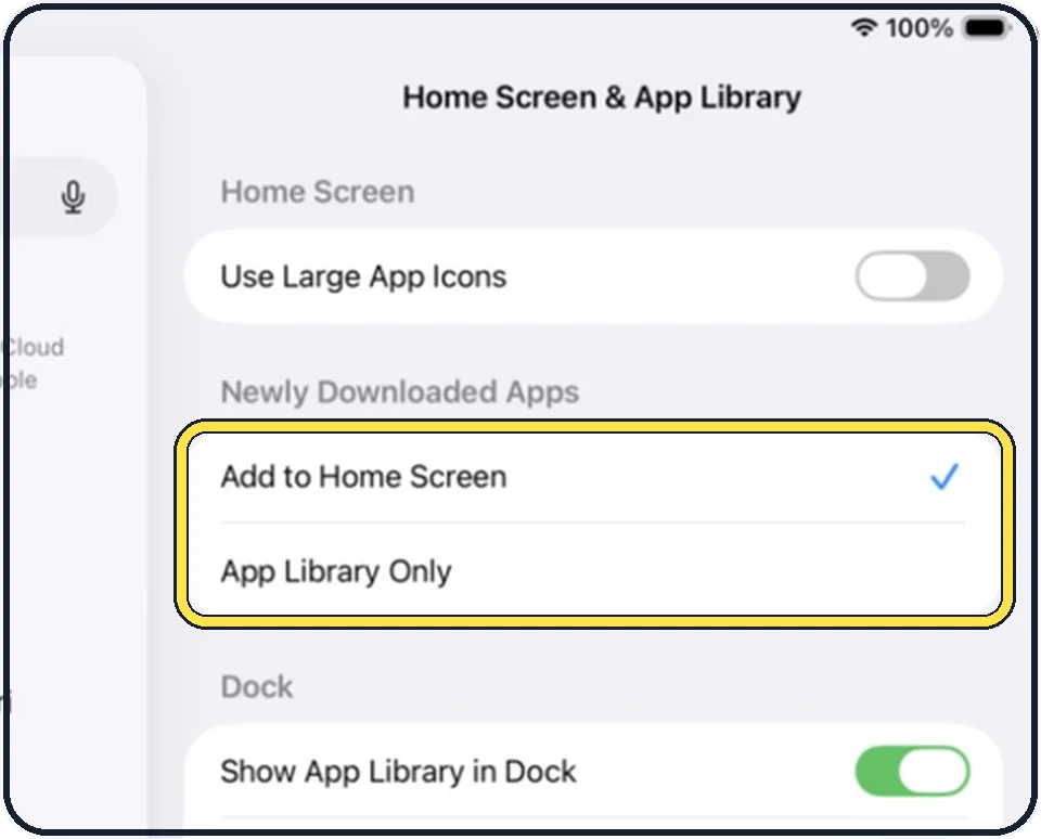 iPad screenshot: Choose where new apps go