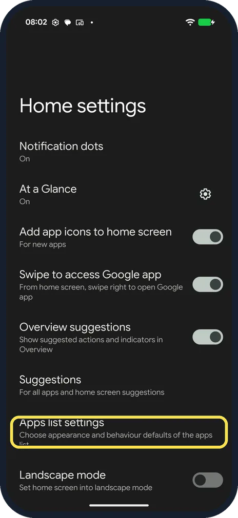 Android screenshot: Change home screen options