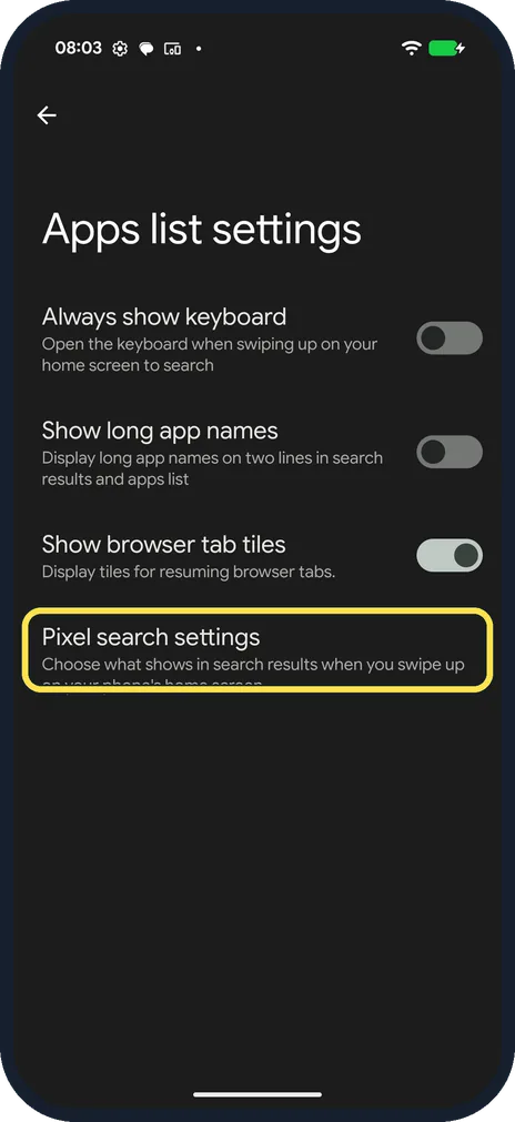 Android screenshot: Open Pixel search settings