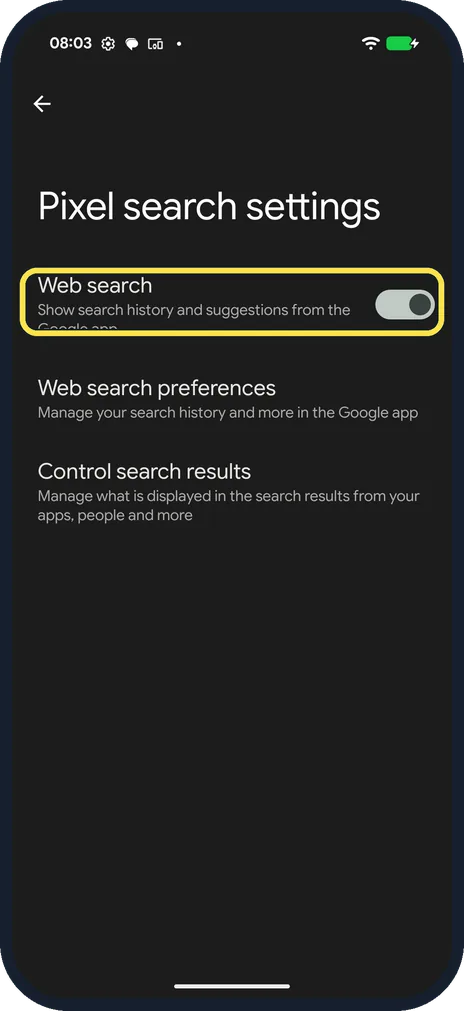 Android screenshot: Change what search shows