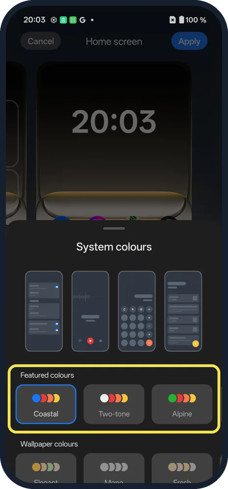 Android screenshot: Pick system colours