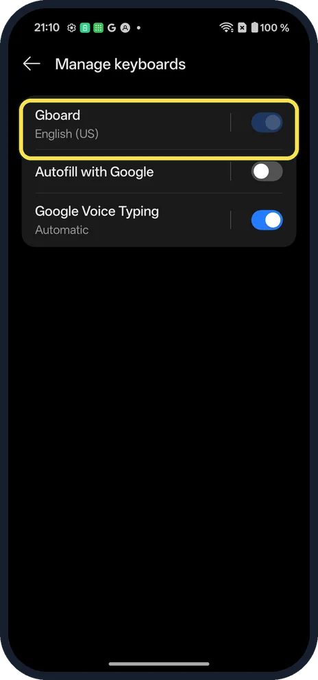 Android screenshot: Open Gboard