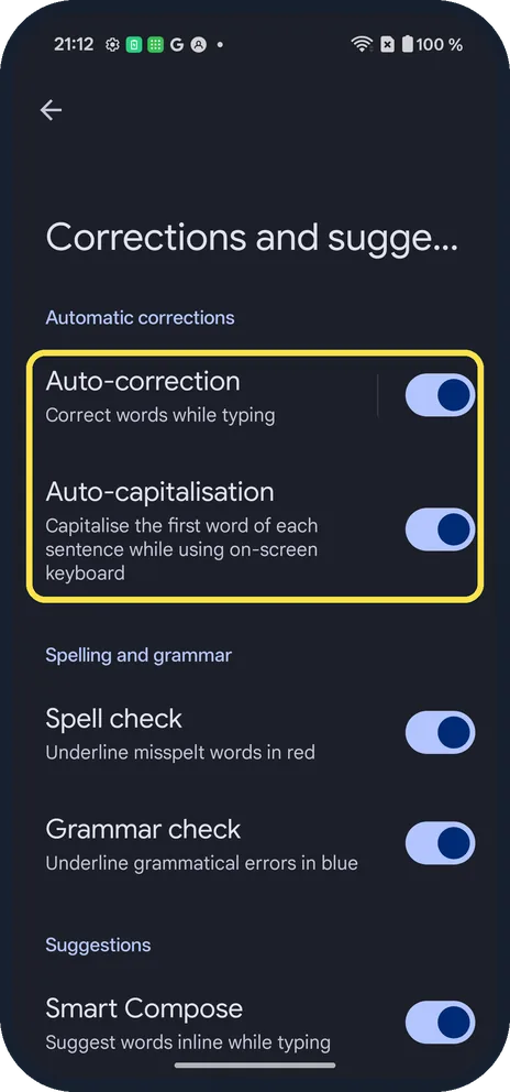 Android screenshot: Switch off Auto-correction
