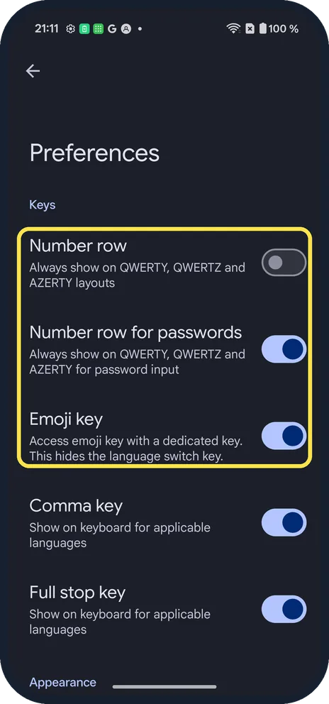 Android screenshot: Number row and emoji key