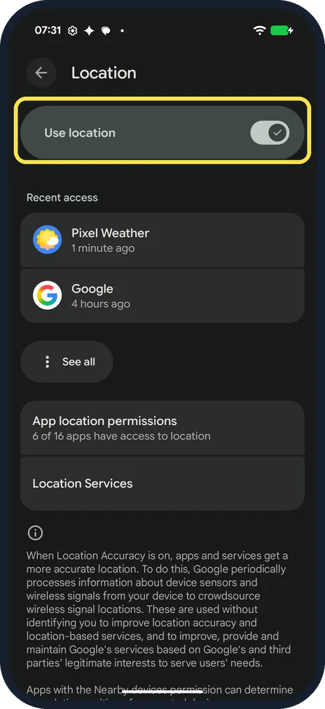 Android screenshot: Open Location