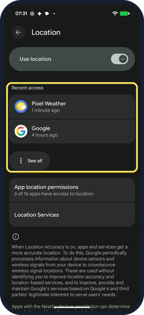 Android screenshot: Check Recent access