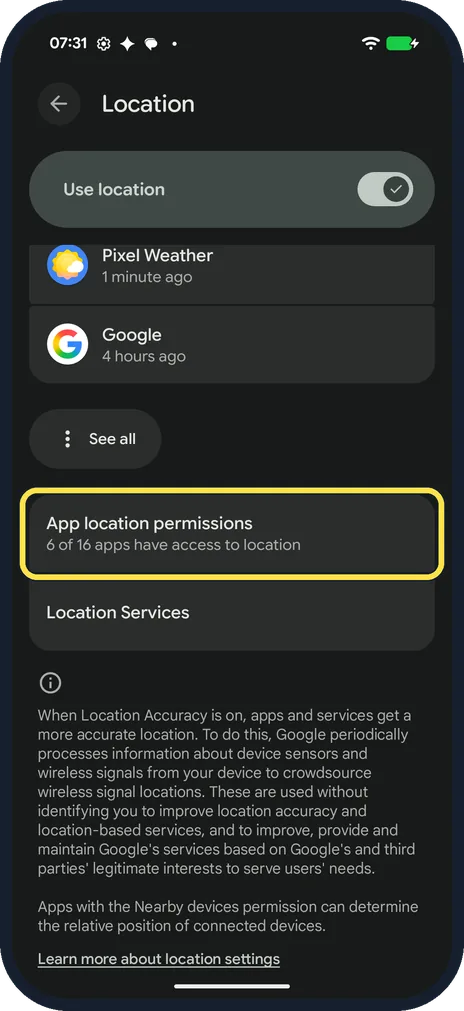 Android screenshot: Open App location permissions