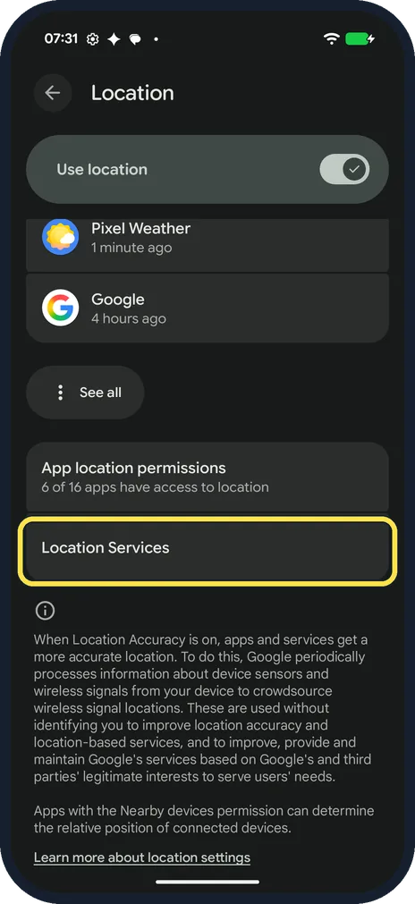 Android screenshot: Open Location Services